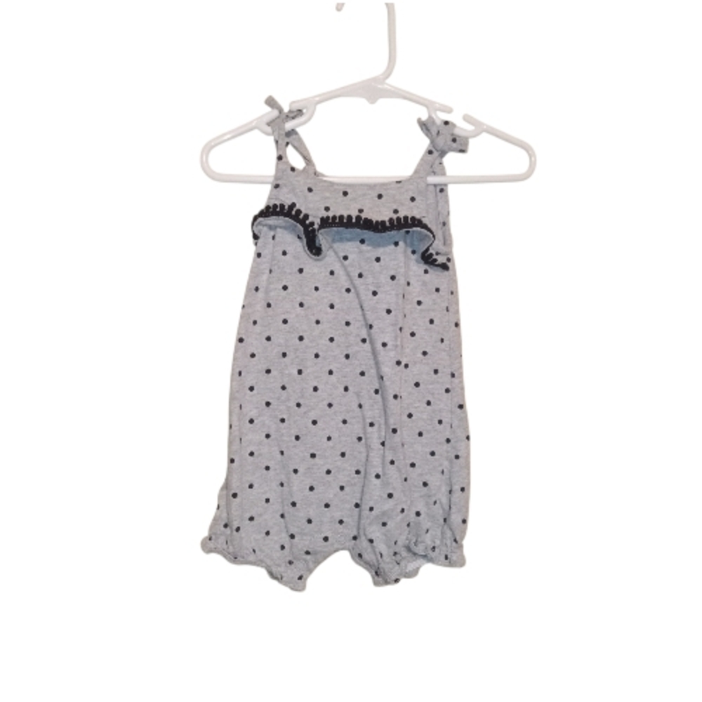 Carter's Girls Gray With Black Polka Dots Ruffle Detail Baby Romper 6 months!